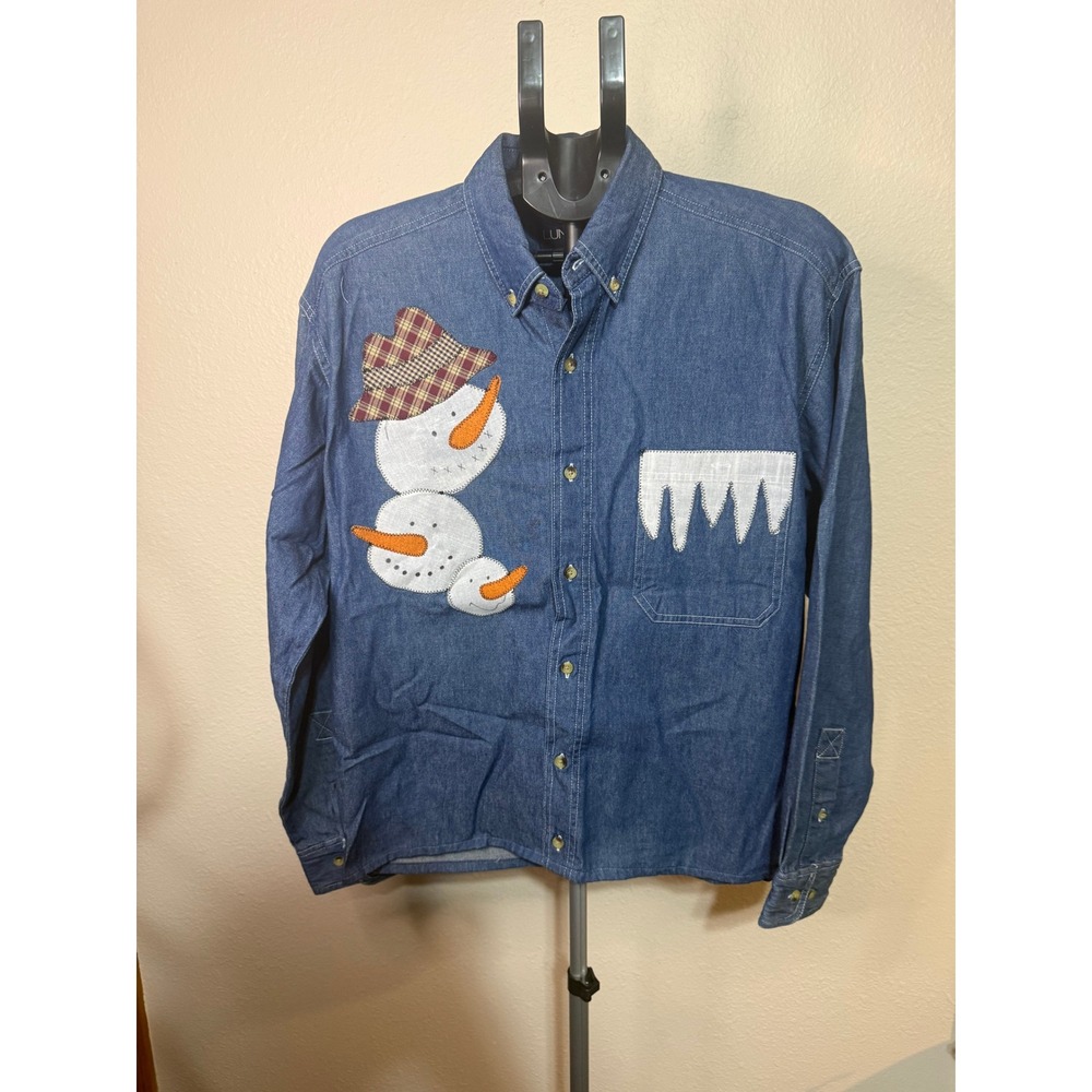 Luna Pier Snowman Denim Button Down Shirt Small Blue Cotton Holiday Patchwork